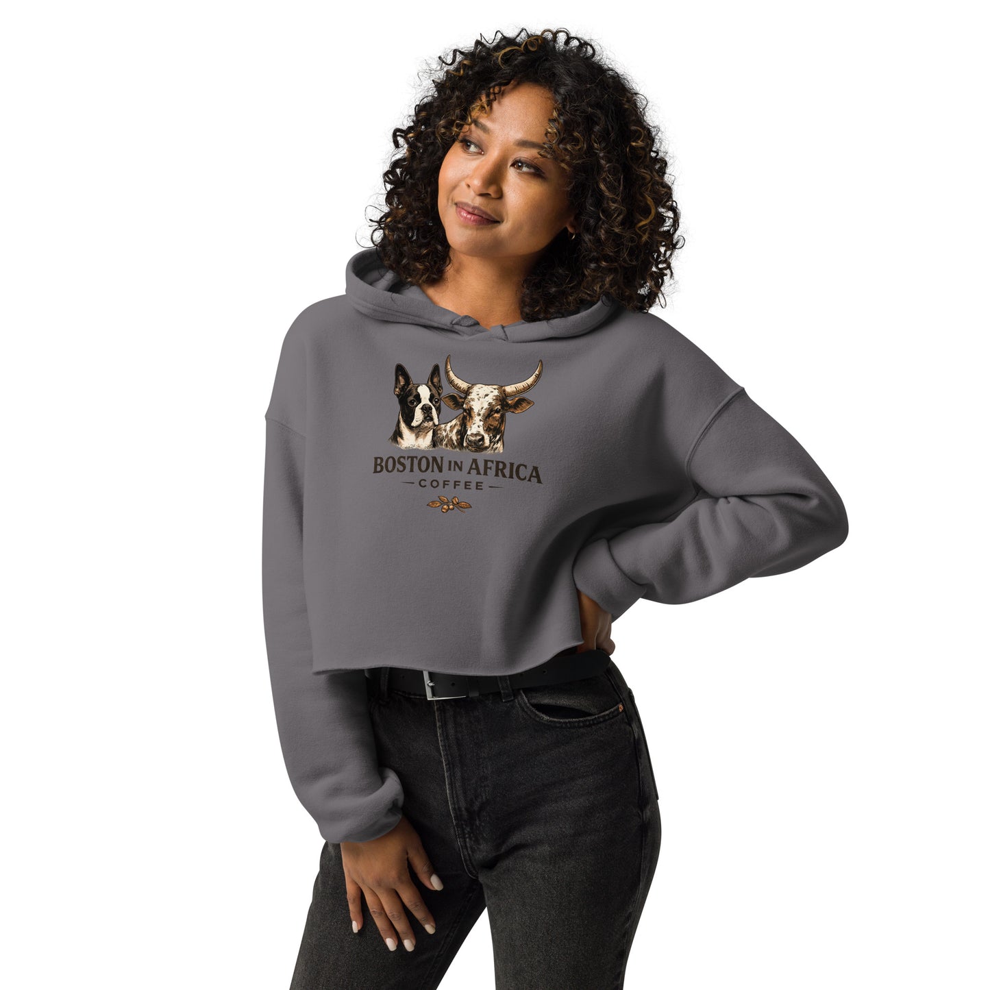 Women's cropped hoodie T-shirt by Boston in Africa Coffee featuring a storm-colored front design.