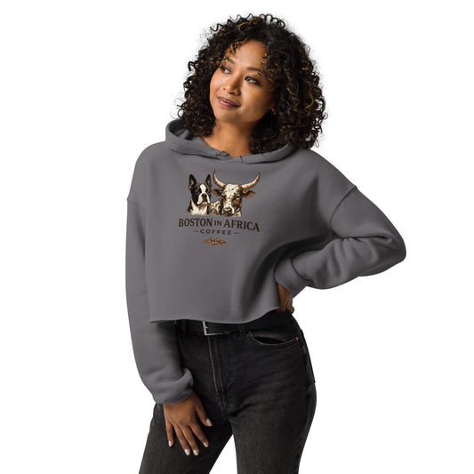 Women's cropped hoodie T-shirt by Boston in Africa Coffee featuring a storm-colored front design.